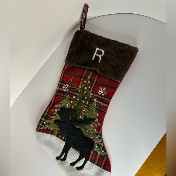 Christmas Stocking with Moose & R Monogram - Picture 1 of 5